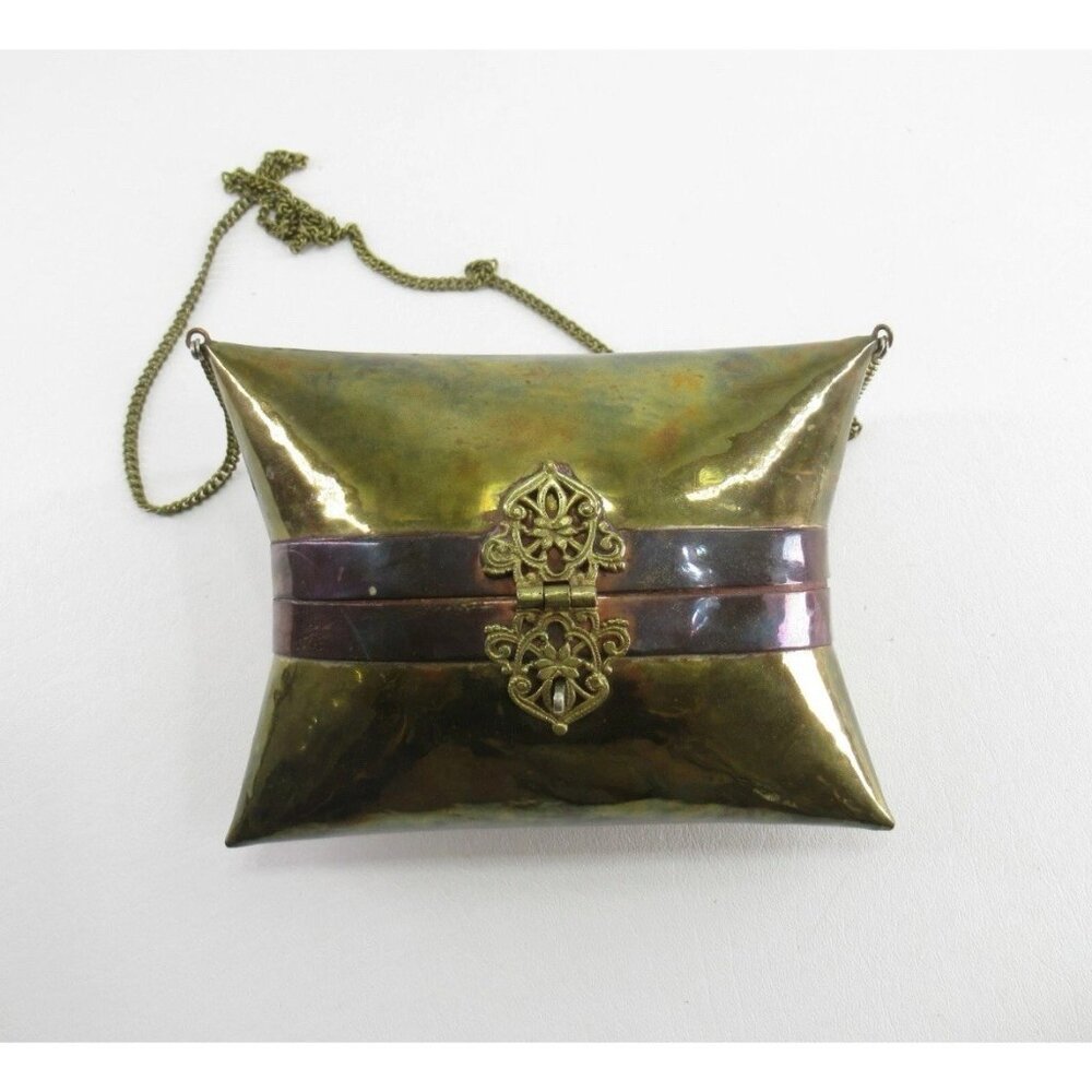 Vtg Brass Pillow Purse Square Copper Art Deco Handbag Chain Shoulder Strap Latch